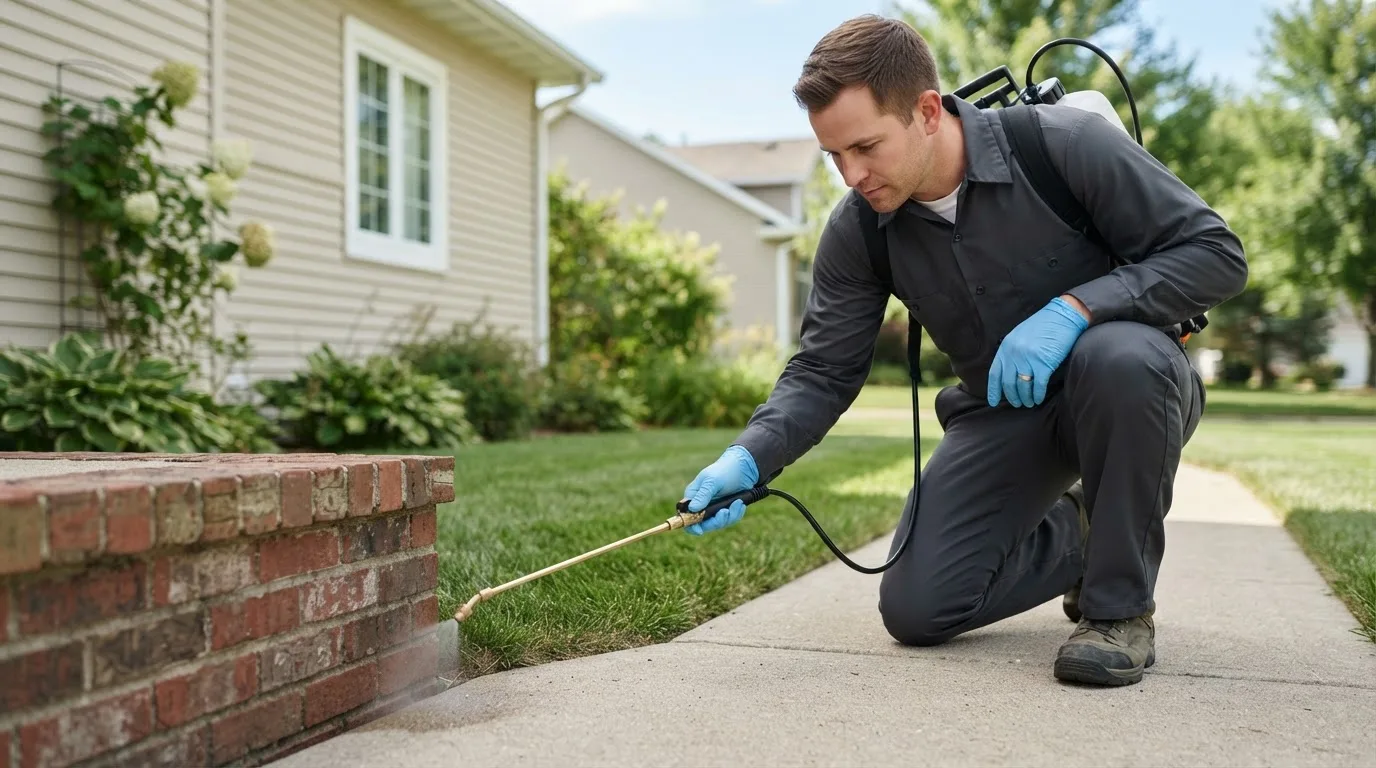 Pest control technician treating a home near Dallas City, IL