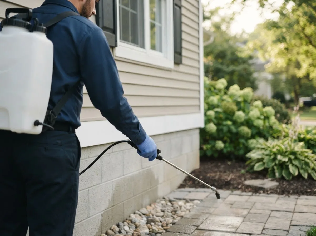 Pest control technician inspecting a home in Dallas City, IL